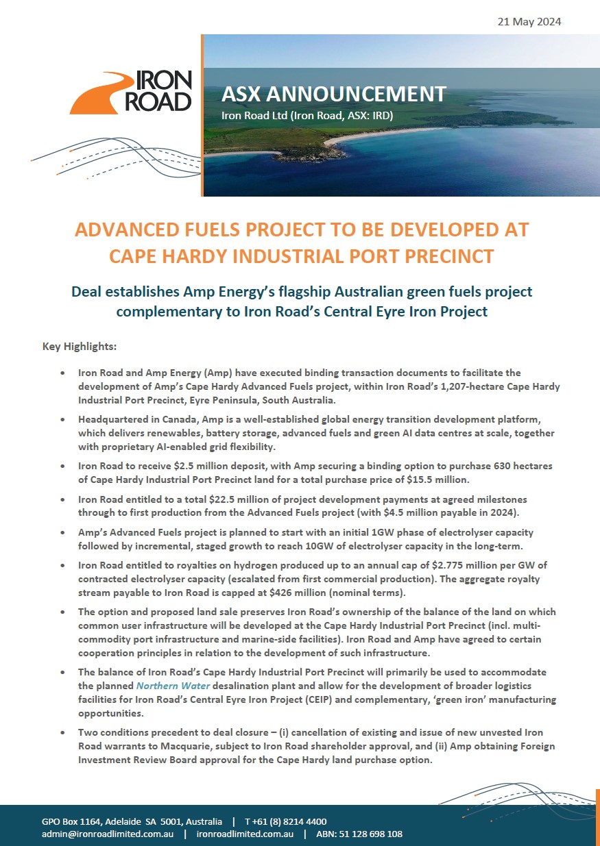 20240521 IRD Advanced Fuels Project to be Developed at Cape Hardy